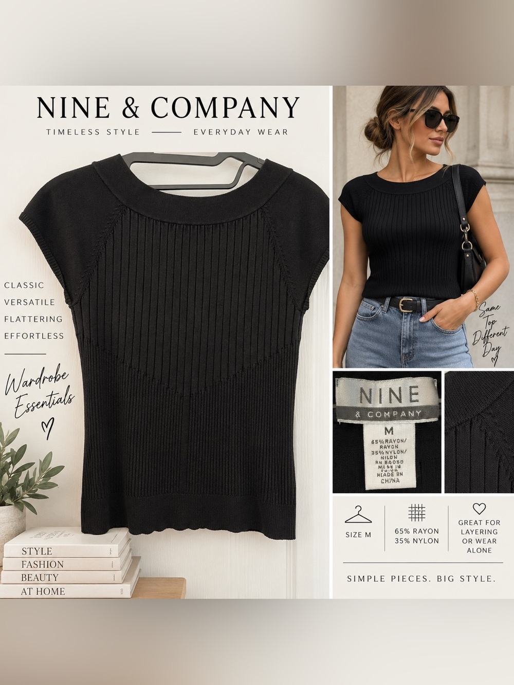 Nine & Company Black Ribbed Knit Cap Sleeve Top Size Medium Y2K